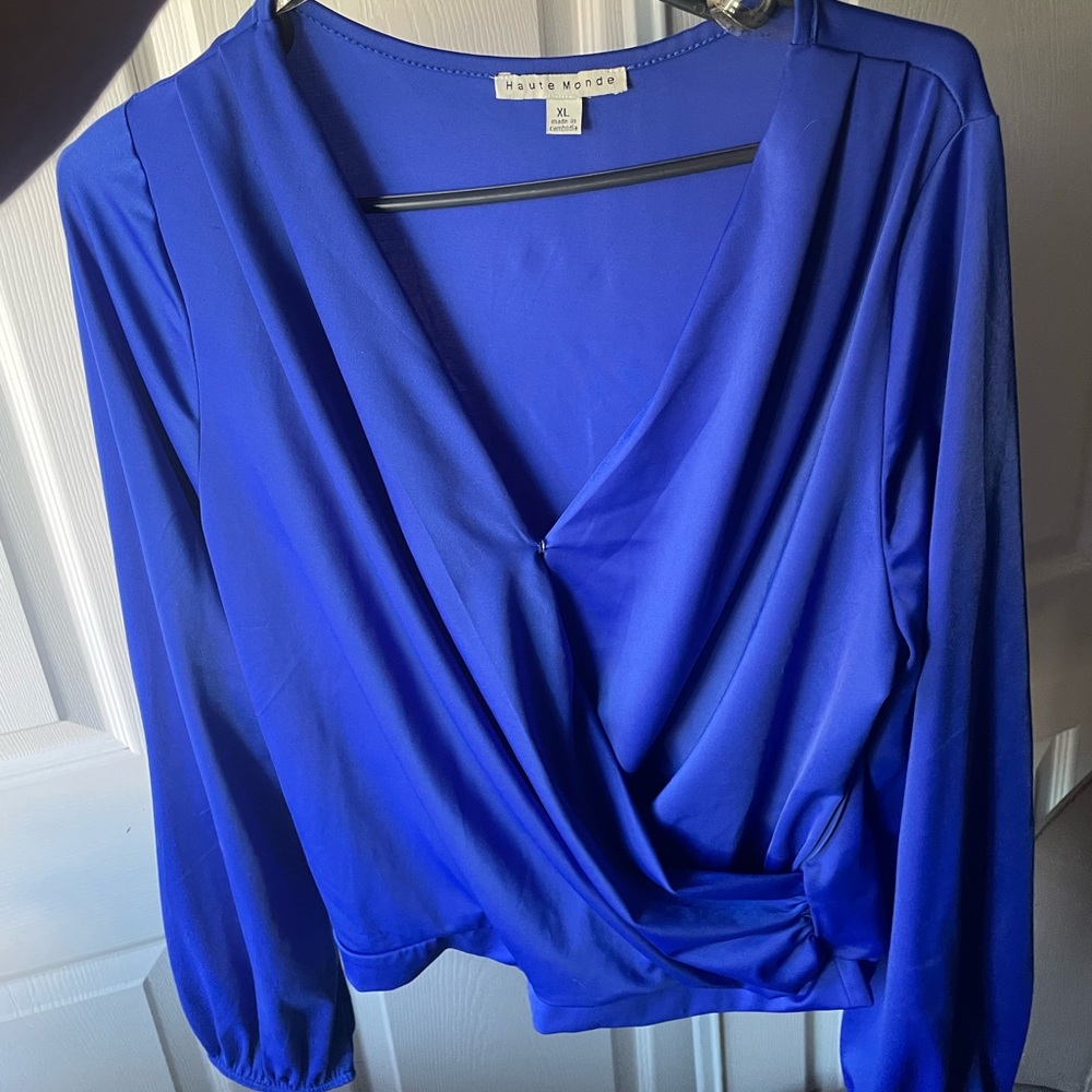 Haute Monde Cross front royal blue blouse size XL